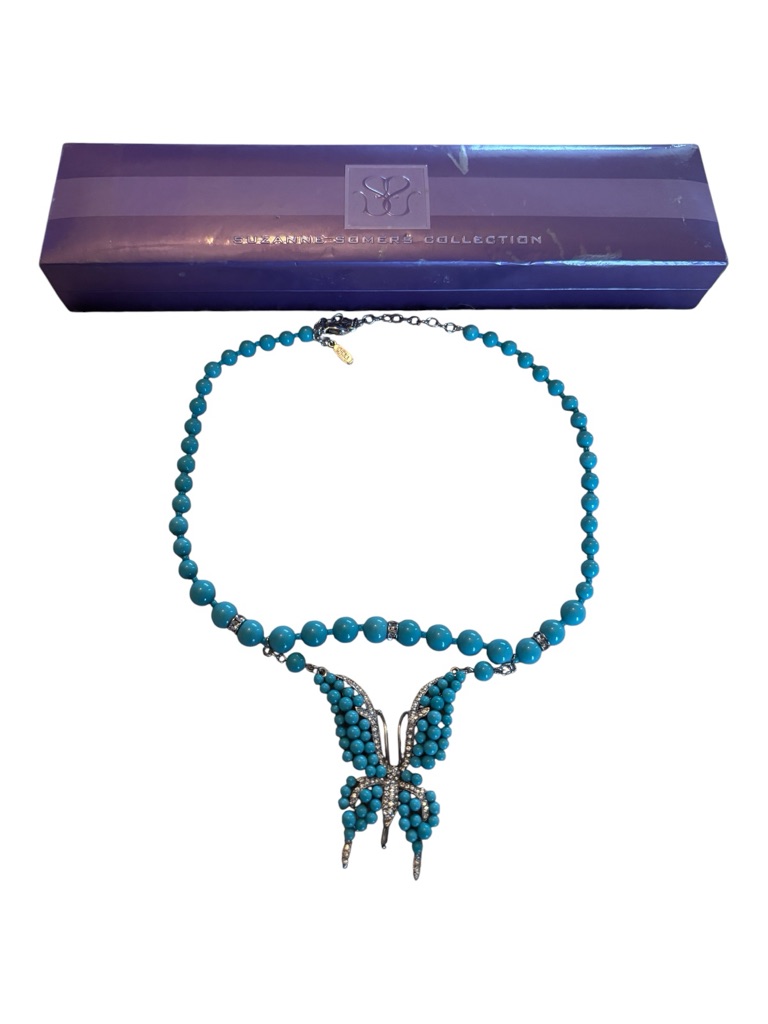 Nib Vtg Suzanne Somers Butterfly Turquoise Bead Necklace With Rhinestone Accents